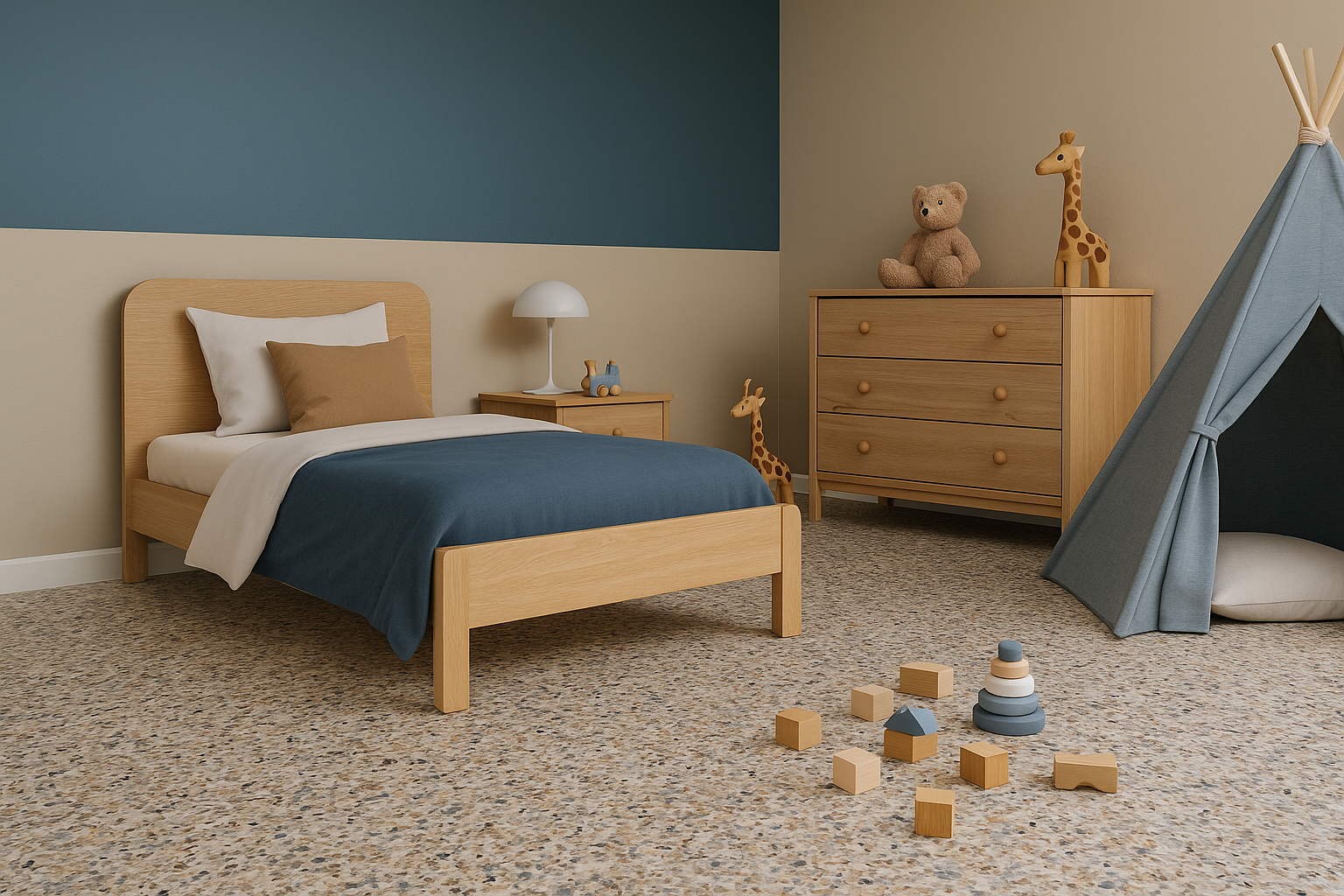 chambre-denfant-moderne-et-lumineuse alt="Plancher effet terrazzo Armadillo Béton Surface"