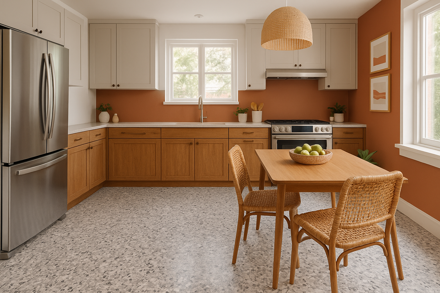 cuisine-lumineuse-au-style-terracotta-1 alt="Revêtement Juneau avec effet terrazzo Béton Surface"